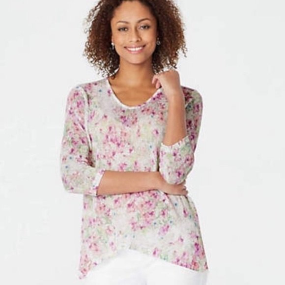 J. Jill Sweater Womens Medium Pink Floral Linen Blend Lightweight 3/4 Sleeves - Picture 2 of 11